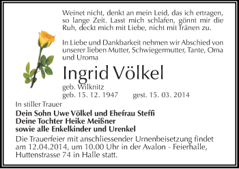 Traueranzeige von Inrid Völkel von Mitteldeutsche Zeitung Halle/Saalkreis