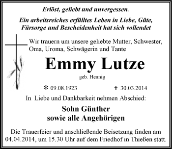 Traueranzeige von Emmy Lutze von Mitteldeutsche Zeitung