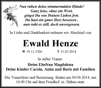 Traueranzeige von Ewald Henze von Mitteldeutsche Zeitung Wittenberg