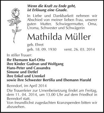 Traueranzeige von Mathilda Müller von Mitteldeutsche Zeitung Mansfelder Land