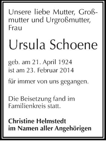 Traueranzeige von Ursula Schoene von Mitteldeutsche Zeitung Halle/Saalkreis
