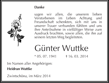 Traueranzeige von Günter Wuttke von Mitteldeutsche Zeitung Halle/Saalkreis