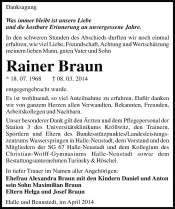 Traueranzeige von Rainer Braun von Mitteldeutsche Zeitung Halle/Saalkreis