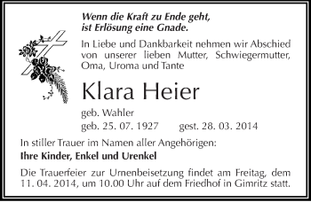 Traueranzeige von Klara Heier von Mitteldeutsche Zeitung Halle/Saalkreis