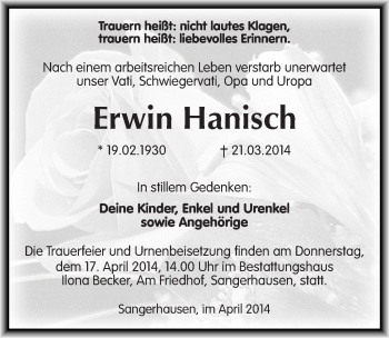 Traueranzeige von Erwin Hanisch von Mitteldeutsche Zeitung Sangerhausen