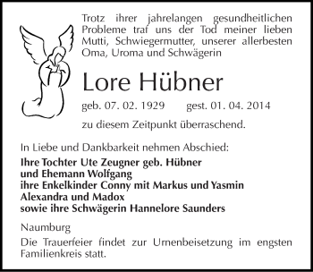 Traueranzeige von Lore Hübner von Mitteldeutsche Zeitung Naumburg/Nebra