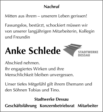 Traueranzeige von Anke Schlede von Mitteldeutsche Zeitung