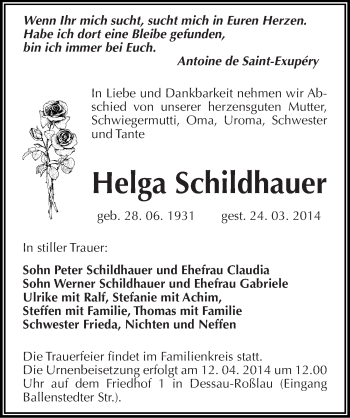 Traueranzeige von Helga Schildhauer von Mitteldeutsche Zeitung Dessau-Roßlau