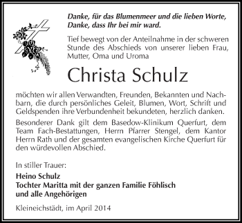 Traueranzeige von Christa Schulz von Mitteldeutsche Zeitung Merseburg/Querfurt