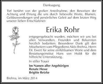 Traueranzeige von Erika Rohr von Mitteldeutsche Zeitung Bitterfeld