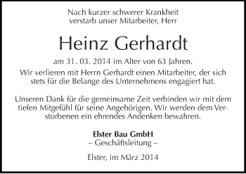 Traueranzeige von Heinz Gerhardt von Mitteldeutsche Zeitung Wittenberg