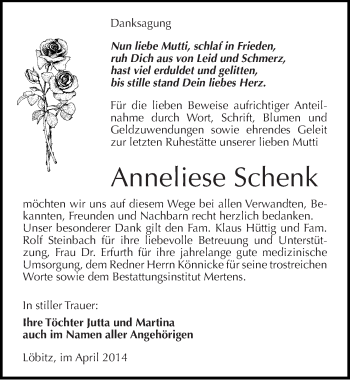 Traueranzeige von Anneliese Schenk von Mitteldeutsche Zeitung Naumburg/Nebra