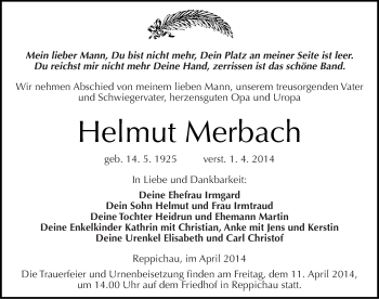 Traueranzeige von Helmut Merbach von Mitteldeutsche Zeitung Köthen