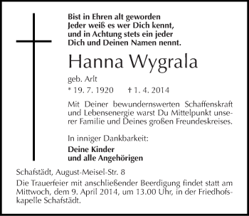 Traueranzeige von Hanna Wygrala von Mitteldeutsche Zeitung Merseburg/Querfurt