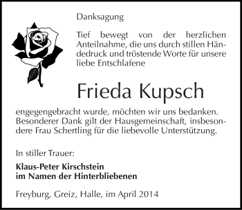 Traueranzeige von Frieda Kupsch von Mitteldeutsche Zeitung Naumburg/Nebra
