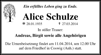 Traueranzeige von Alice Schulze von Mitteldeutsche Zeitung Wittenberg