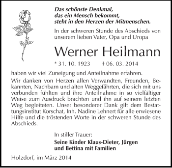 Traueranzeige von Werner Heilmann von Mitteldeutsche Zeitung Wittenberg