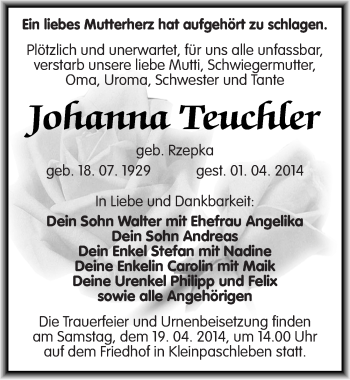 Traueranzeige von Johanna Teuchler von Mitteldeutsche Zeitung Köthen
