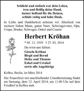 Traueranzeige von Herbert Kröhan von Mitteldeutsche Zeitung Sangerhausen