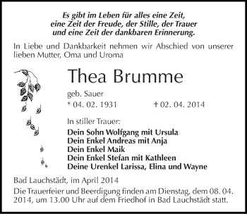 Traueranzeige von Thea Brumme von Mitteldeutsche Zeitung Merseburg/Querfurt