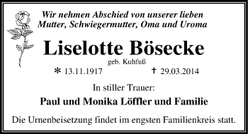 Traueranzeige von Liselotte Bösecke von Mitteldeutsche Zeitung Dessau-Roßlau