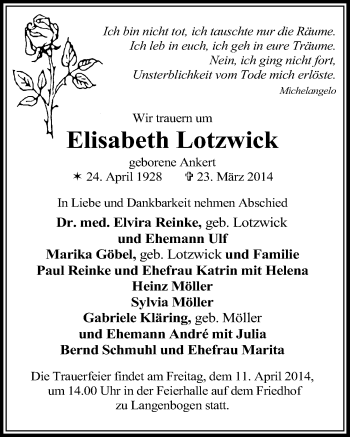 Traueranzeige von Elisabeth Lotzwick von Mitteldeutsche Zeitung Halle/Saalkreis