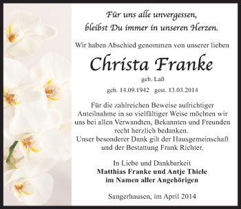 Traueranzeige von Christa Franke von Mitteldeutsche Zeitung Sangerhausen