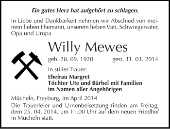 Traueranzeige von Willy Mewes von Mitteldeutsche Zeitung Merseburg/Querfurt