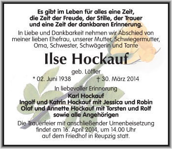Traueranzeige von Ilse Hockauf von Mitteldeutsche Zeitung Köthen