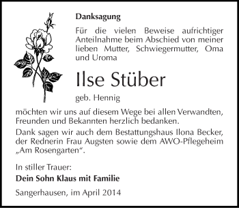 Traueranzeige von Ilse Stüber von Mitteldeutsche Zeitung Sangerhausen