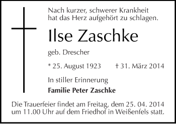 Traueranzeige von Ilse Zaschke von Mitteldeutsche Zeitung Weißenfels