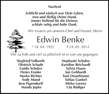 Traueranzeige von Edwin Benke von Mitteldeutsche Zeitung Sangerhausen