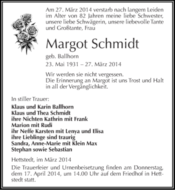 Traueranzeige von Margot Schmidt von Mitteldeutsche Zeitung Mansfelder Land