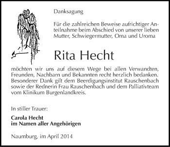 Traueranzeige von Rita Hecht von Mitteldeutsche Zeitung Naumburg/Nebra