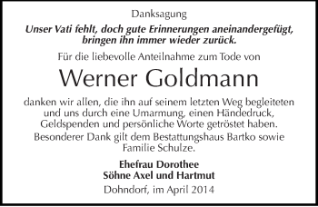 Traueranzeige von Werner Goldmann von Mitteldeutsche Zeitung Köthen