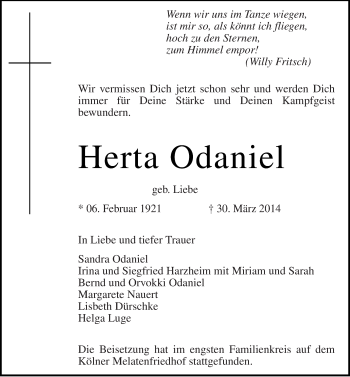 Traueranzeige von Herta Odaniel von Mitteldeutsche Zeitung Dessau-Roßlau