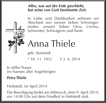 Traueranzeige von Anna Thiele von Mitteldeutsche Zeitung Mansfelder Land