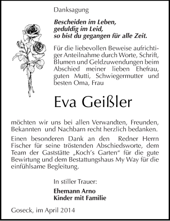 Traueranzeige von Eva Geißler von Mitteldeutsche Zeitung Weißenfels