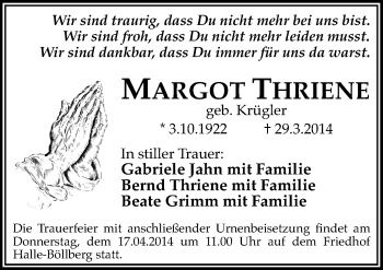 Traueranzeige von Margot Thriene von Mitteldeutsche Zeitung Halle/Saalkreis