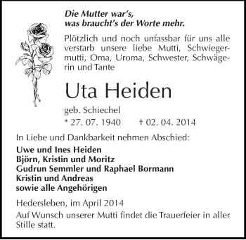Traueranzeige von Uta Heiden von Mitteldeutsche Zeitung Mansfelder Land