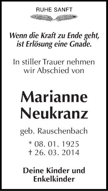 Traueranzeige von Marianne Neukranz von Mitteldeutsche Zeitung Halle/Saalkreis