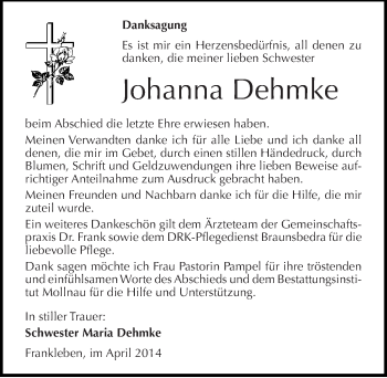 Traueranzeige von Johanna Dehmke von Mitteldeutsche Zeitung Merseburg/Querfurt