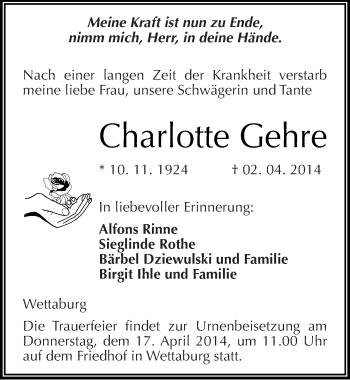 Traueranzeige von Charlotte Gehre von Mitteldeutsche Zeitung Naumburg/Nebra