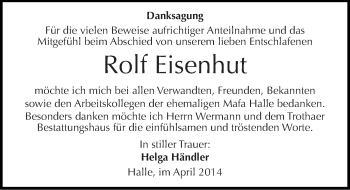 Traueranzeige von Rolf Eisenhut von Mitteldeutsche Zeitung Halle/Saalkreis