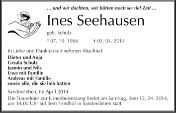 Traueranzeige von Ines Seehausen von Mitteldeutsche Zeitung Mansfelder Land