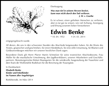 Traueranzeige von Edwin Benke von Mitteldeutsche Zeitung Sangerhausen