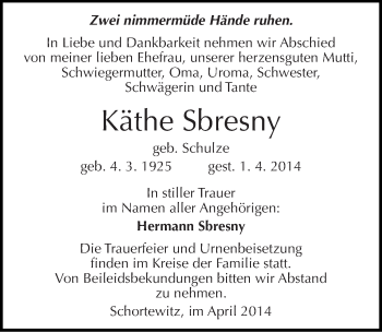 Traueranzeige von Käthe Sbresny von Mitteldeutsche Zeitung Köthen
