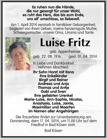 Traueranzeige von Luise Fritz von Mitteldeutsche Zeitung Naumburg/Nebra