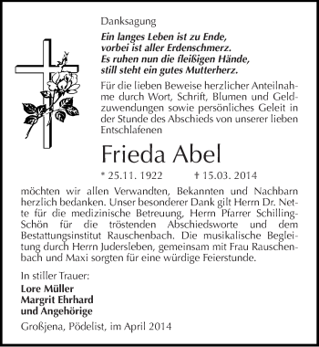Traueranzeige von Frieda Abel von Mitteldeutsche Zeitung Naumburg/Nebra
