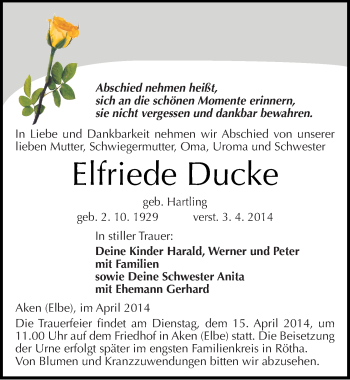 Traueranzeige von Elfriede Ducke von Mitteldeutsche Zeitung Köthen